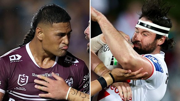 Manly Sea Eagles forward Haumole Olakau’atu and St George Illawarra prop Aaron Woods.