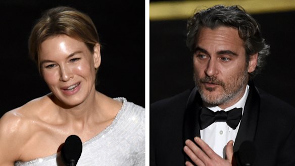 Renee Zellweger and Joaquin Phoenix accept their best actress and best actor Academy Awards.