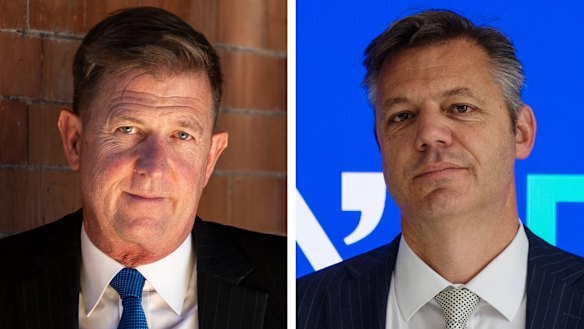 Outgoing Seven West Media chief executive Tim Worner, left, and incoming head James Warburton. 