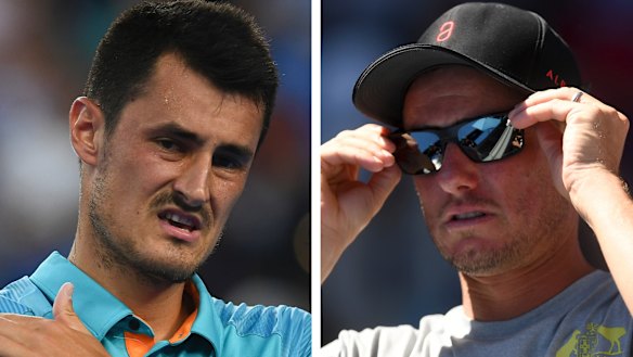 Conflict: Bernard Tomic (left) and Lleyton Hewitt