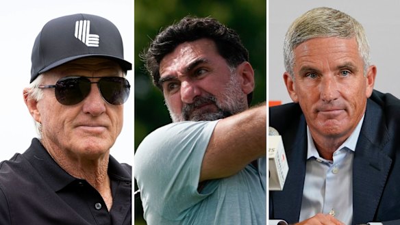 LIV Golf chief executive Greg Norman, Saudi Arabia’s Public Investment Fund governor Yasir al-Rumayyan and PGA Tour commissioner Jay Monahan.