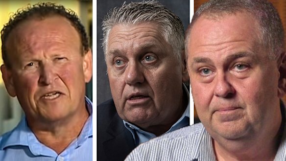 Broadcast blue: ABC sport's Andrew Moore (right) believes Ray Hadley (centre), who he accused of bullying at 2GB, exchanged pleasantries for the benefit of Phil Rothfield's column. 