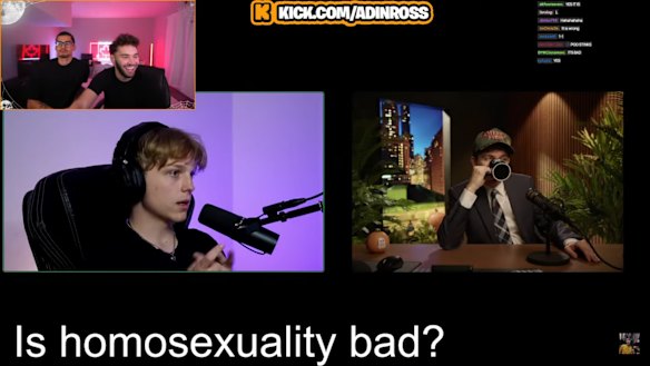 Adin Ross, on the right in the smaller inset screen, hosted a debate, whose topics included “Is homosexuality bad?” with white supremacist Nick Fuentes (right) arguing it was.