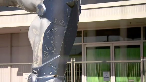 Millennium Man's left leg showing signs of wear and tear.