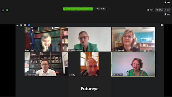 Zoom workshop on empathy training with (clockwise from left) Craig Kelly, Hollie Hughes, Zali Steggall,  Stephen Jones, Barnaby Joyce and Katherine Teh (facilitator).