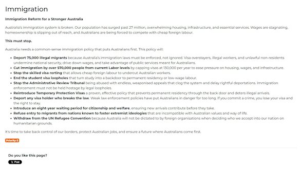 A screengrab of One Nation’s website, taken on August 24, 2026, which shows the party would cap visas at 130,000 people per year. This stands in contrast to recent comments by party MPs. 