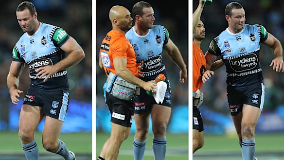 Boyd Cordner is helped from the field after suffering another head knock during game one of the Origin series.