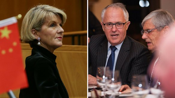 Foreign Minister and Western Australian MP Julie Bishop attends an Australia China Business Council event in June. Perth businessman Kerry Stokes entertains then communications minister Malcolm Turnbull at Huawei's 10-year anniversary celebration in 2014.