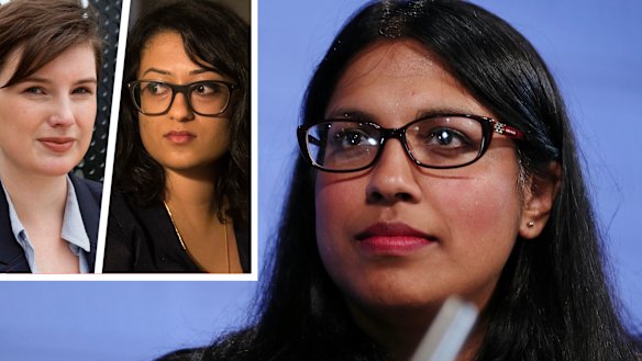 Federal Liberal Party vice president Karina Okotel (main), Chelsea Potter (inset left) and Dhanya Mani.