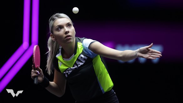 Romanian Bernadette Szocs plays at the World Table Tennis event in Macao.