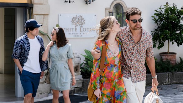 The worst of friends. Holidaying American couples, from left, Ethan Spiller (Will Sharpe) and Harper (Aubrey Plaza), with Daphne Sullivan (Meghann Fahy) and Cameron (Theo James) in The White Lotus.