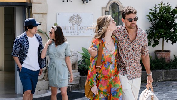 The worst of friends. Holidaying American couples Harper (Aubrey Plaza) and Ethan Spiller (Will Sharpe), and Cameron (Theo James) and Daphne Sullivan (Meghann Fahy) in The White Lotus.