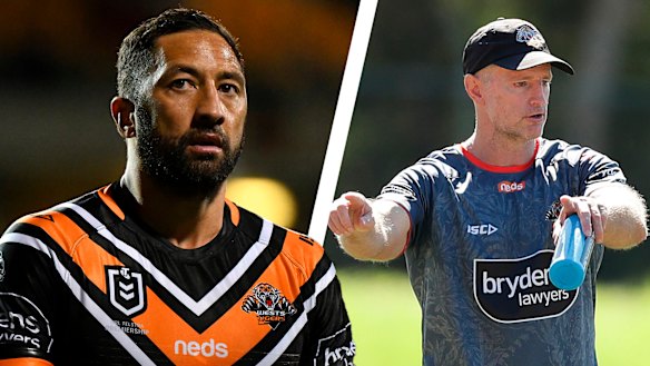 Wests Tigers five-eighth Benji Marshall and coach Michael Maguire.