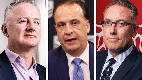 Nine CEO Hugh Marks, ARLC chairman Peter V'landys and Foxtel boss Patrick Delany.