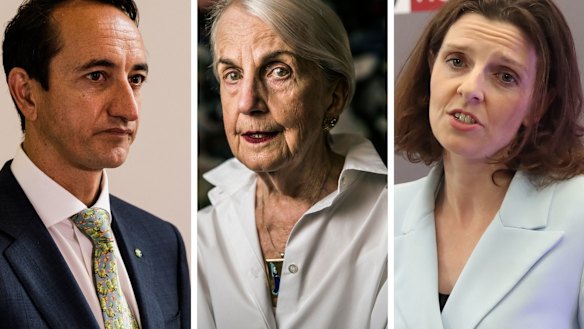 Rowena Danziger, centre, is declaring her support for Allegra Spender, right, in the seat of Wentworth where she is taking on Dave Sharma, left. 