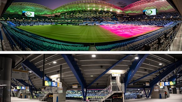 Top: The newly completed Allianz Stadium lights up ahead of its grand unveiling. Bottom: Inside the rebuilt stadium concourse.