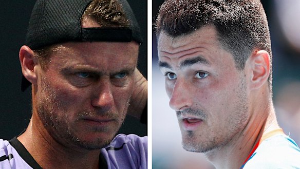 Falling out: Lleyton Hewitt and Bernard Tomic.