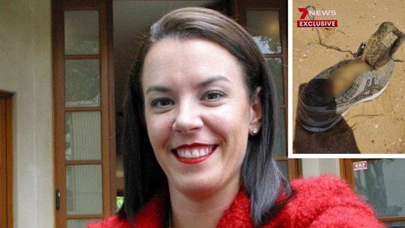 Melissa Caddick and (inset) the shoe found at Bournda Beach, near Tathra, last Sunday.