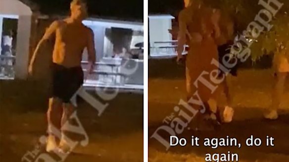 Michael Clarke (left); who appears to be slapped by his girlfriend in the video (right).