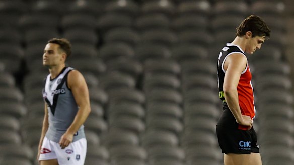 Jack Steele after St Kilda’s loss to the Power at a crowdless Marvel Stadium.