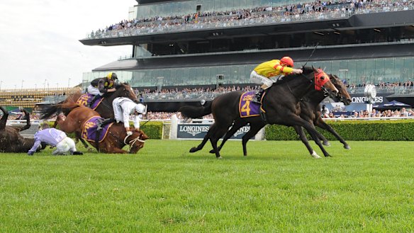 Horror start: Andrew Adkins goes over the neck of War Baron and Glyn Schofield hits the turf after falling from Persan. Mark Zahra is in front on Power Scheme (No.4). 