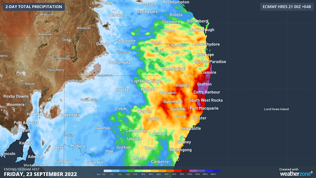 Forecast accumulated rain during the 48 hours ending at 10am AEST on Friday, September 23, according to the ECMWF-HRES model.