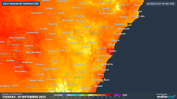 A map showing Tuesday’s forecast maximum temperatures across central NSW and the upper ACT, according to the ACCESS-C model.