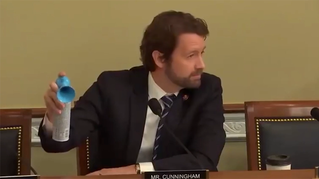 Democratic Congressman Joe Cunningham blasts an air horn during a recent hearing to prove that seismic air gun testing can be "disruptive" for marine life.