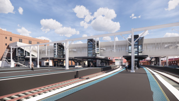 An artist's impression of the new footbridge and lifts at the southern end of Redfern station.