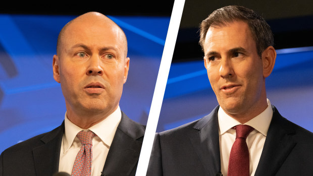 Adding up the key figures: Josh Frydenberg and Jim Chalmers during their treasury debate at the National Press Club.