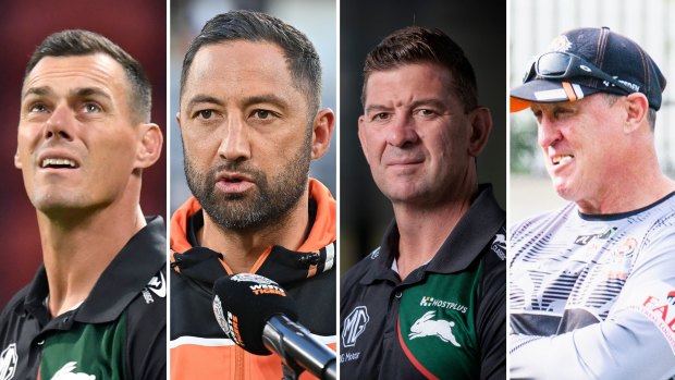 South Sydney Rabbitohs assistant coach John Morris, Wests Tigers assistant coach Benji Marshall, South Sydney Rabbitohs head coach Jason Demetriou and Wests Tigers assistant coach David Furner.