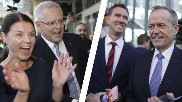 Prime Minister Scott Morrison and Liberal candidate for Reid, Fiona Martin, and Labor candidate for Reid, Sam Crosby and Opposition Leader Bill Shorten. 