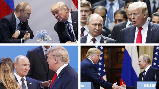 Clockwise from top-left: Trump and Putin in Hamburg, Germany, where they had two meetings; in Da Nang, Vietnam during an APEC summit; their first formal meeting in Helsinki, Finland, at the G20 meeting in Buenos Aires.