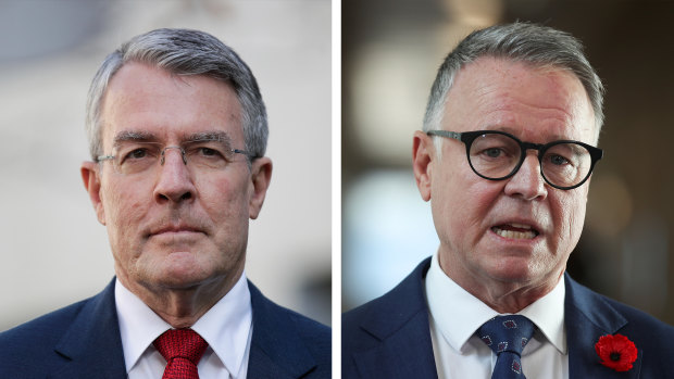 Mark Dreyfus, left, says his Labor colleague Joel Fitzgibbon's views on climate change are "out of touch". 