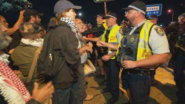 Anti-Israel protesters at Port Botany on Sunday night.