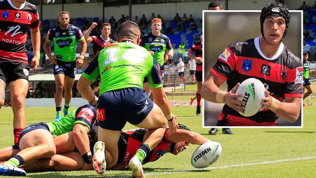 First of many? Joseph Suaalii goes over for his first try in his debut for Canterbury Cup outfit the North Sydney Bears.