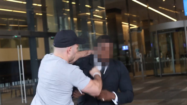 A man attacks a Channel Nine security guard on March 1. Police allege the attacker was Thomas Sewell.