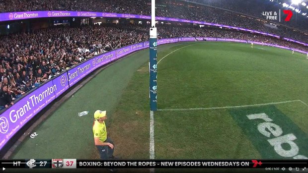 A water bottle was seen thrown at goal umpire Steven Piperno.