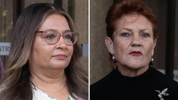 Mehreen Faruqi and Pauline Hanson outside the Federal Court in Sydney on Monday.