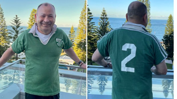 Eddie Jones was presented this week with his old Randwick jersey, found at the home of the late Jeffrey Sayle.
