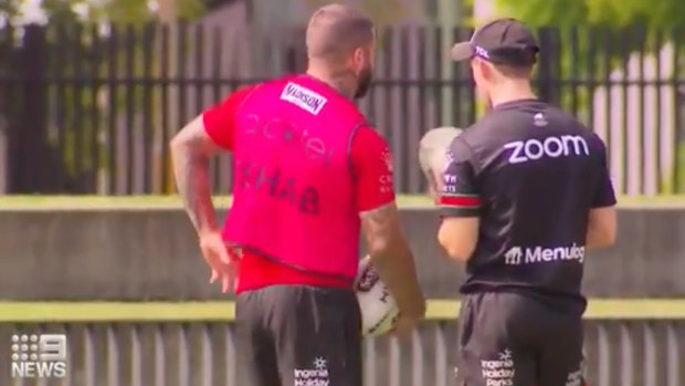 Adam Reynolds in a rehab bib at training on Monday. The pink bib signifies to teammates that he is a non-contact participant in training.