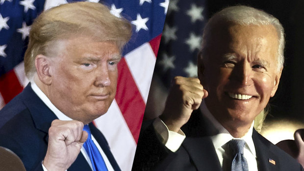Clear as mud ... US President Donald Trump and Democratic nominee Joe Biden on election night.