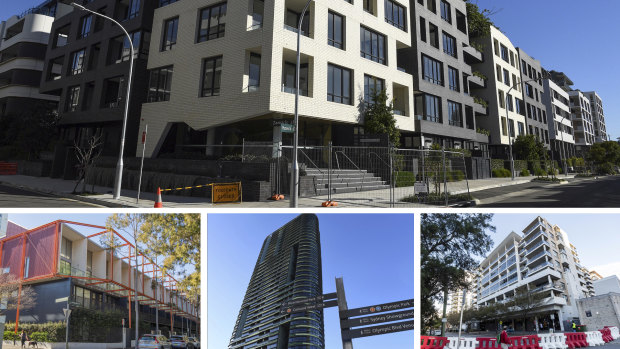 Buildings under a cloud: Erskineville apartment development, Zetland, Homebush Opal Towers and Mascot towers. 