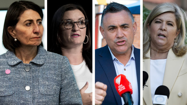 Commanding position: Liberal Gladys Berejiklian and Nationals' MPs  Sarah Mitchell, John Barilaro and Bronnie Taylor.