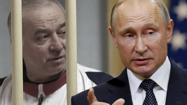 Russia President Vladimir Putin, right, says the two people charged with poisoning Sergei Skripal, left, are not spies.