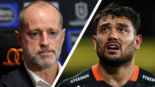 Wests Tigers coach Michael Maguire and David Nofoaluma.