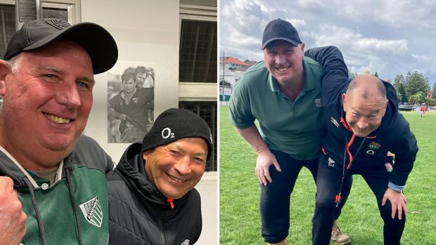 Former Randwick first-grader Joe Picone and teammate Eddie Jones enjoyed their catch-up this week. 