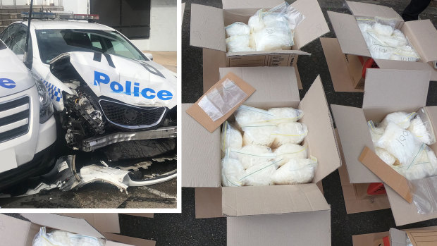 Drugs were located in the van after it crashed into two parked police cars.
