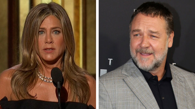 Jennifer Aniston spoke at the Golden Globes on behalf of Russell Crowe.
