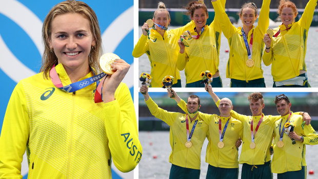 Three gold in one day ... Ariarne Titmus, women’s four and men’s four rowing gold medals on Wednesday.